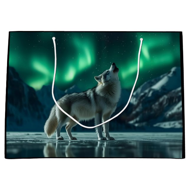 Wolf Howling Under the Northern Lights Large Gift Bag (Front)