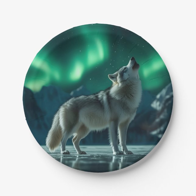 Wolf Howling Under the Northern Lights Paper Plates (Front)