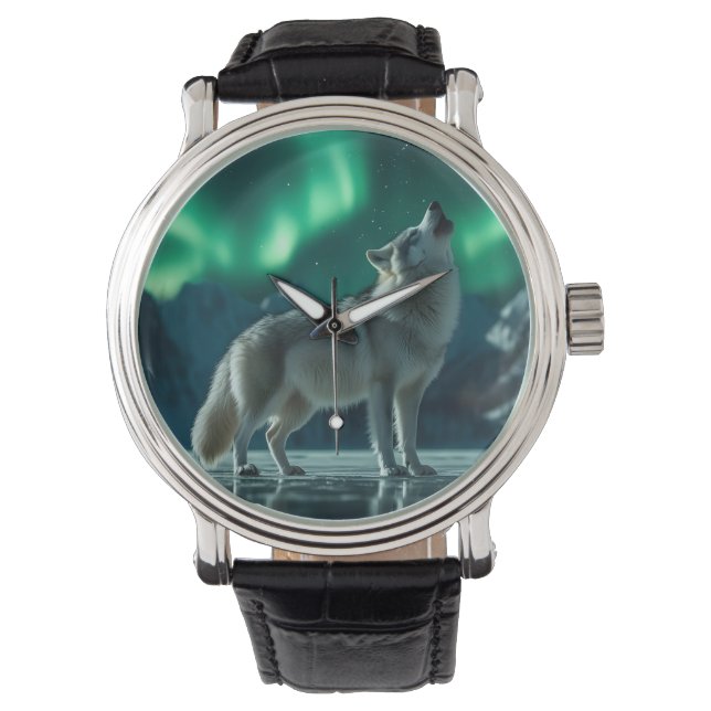 Wolf Howling Under the Northern Lights Watch (Front)