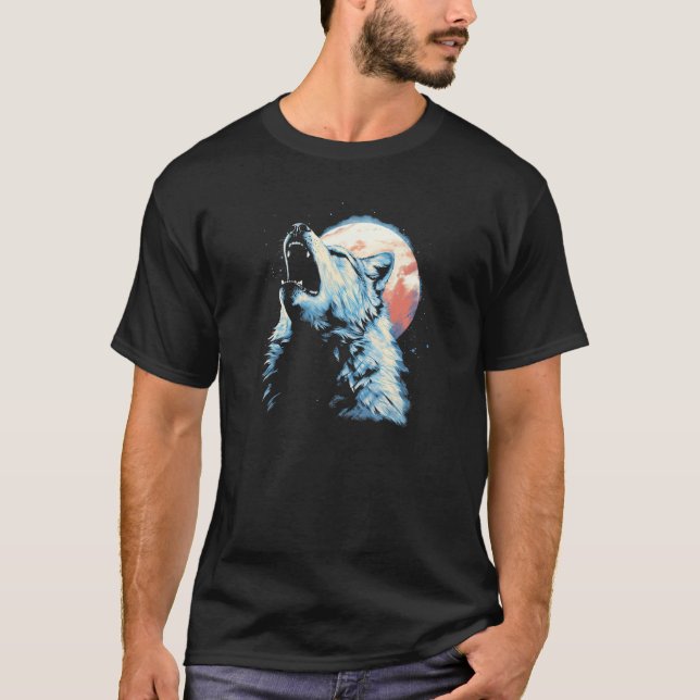 Wolf Howling With Full Moon in Background - Wolf L T-Shirt (Front)