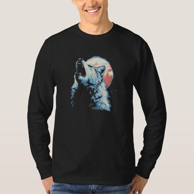Wolf Howling With Full Moon in Background - Wolf L T-Shirt (Front)
