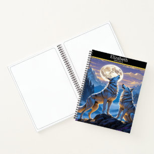 Wolf howls at full moon in nature notebook