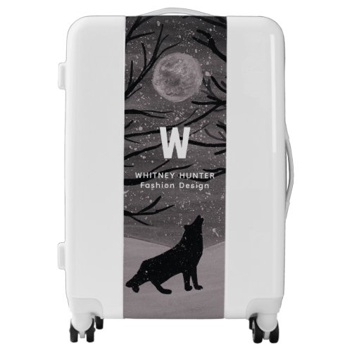 Wolf Howls at Moon in Forest  Custom Monogram on Luggage