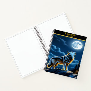 Wolf howls at moon in night sky notebook