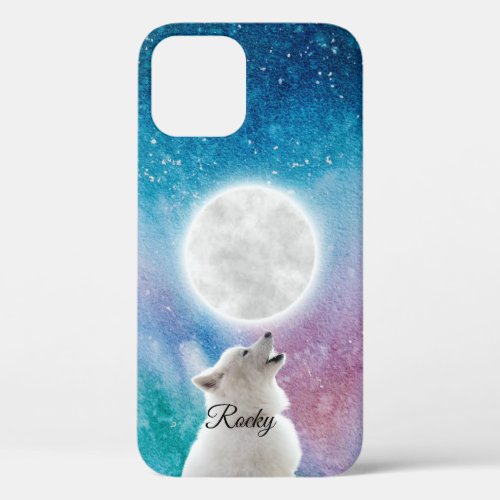 Wolf Howls at Moon Sky in Red Blue Green Galaxy  iPhone 12 Case