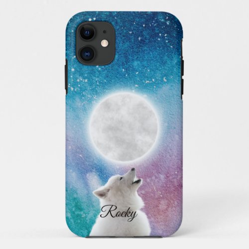 Wolf Howls at Moon Sky in Red Blue Green Galaxy  iPhone 11 Case
