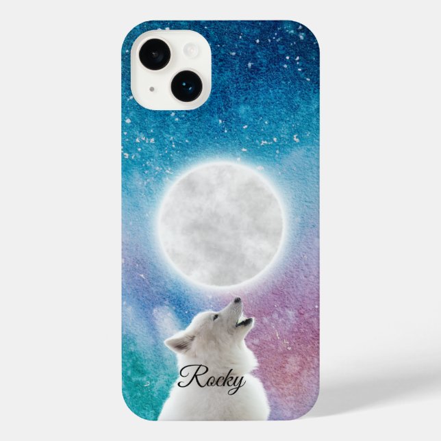 Wolf Howls at Moon Sky in Red, Blue, Green Galaxy  iPhone Case (Back)