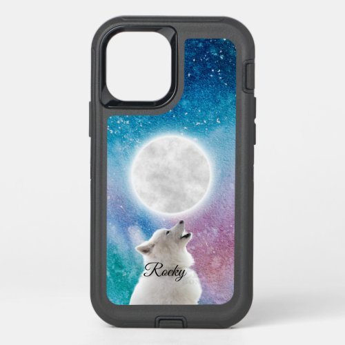 Wolf Howls at Moon Sky in Red Blue Green Galaxy  OtterBox Defender iPhone 12 Pro Case