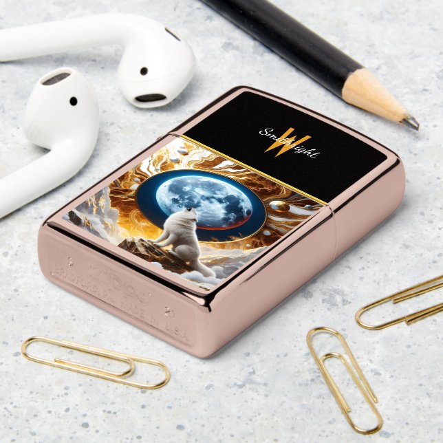 Wolf Howls at the Celestial Moon Zippo Lighter (On Table 2)