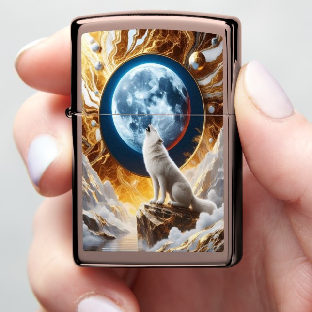 Wolf Howls at the Celestial Moon Zippo Lighter (In Hand)
