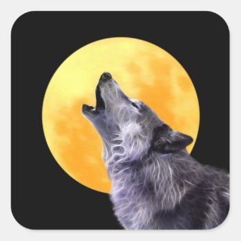 Wolf Howls At The Full Moon Square Sticker by laureenr at Zazzle