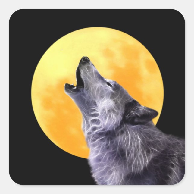 Wolf howls at the full moon square sticker (Front)