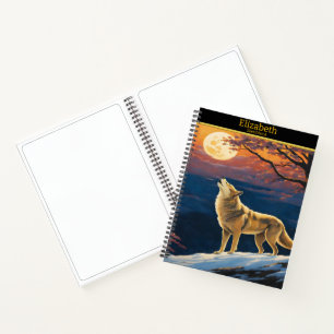 Wolf howls at the moon in twilight notebook