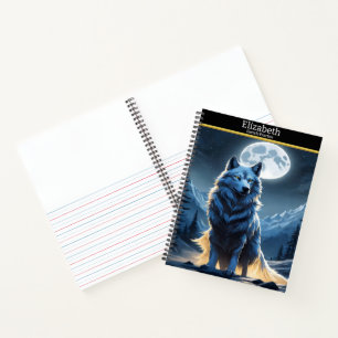 Wolf howls serenely at the glowing moon notebook