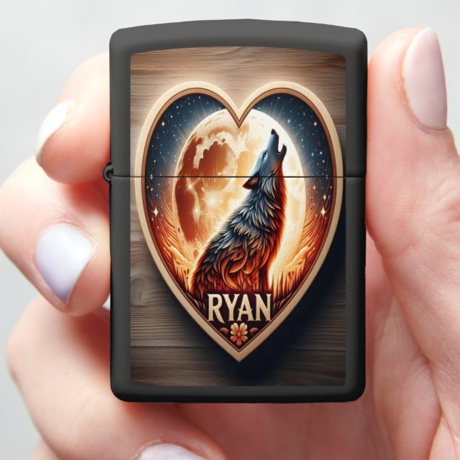 Wolf Howls Under Moonlight Zippo Lighter (In Hand)