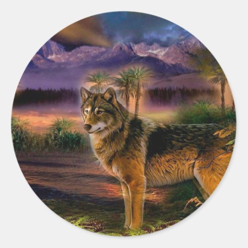 Wolf hunting in mountain classic round sticker