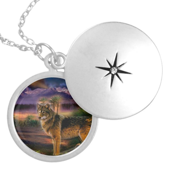 Wolf hunting in mountain locket necklace (Front)