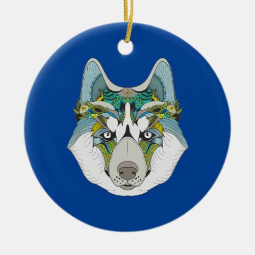 Wolf husky embellished green blue ceramic ornament