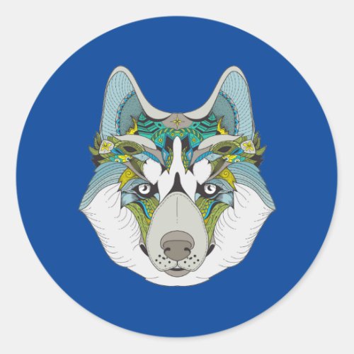 Wolf husky embellished green blue classic round sticker