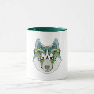 Wolf husky embellished green blue mug