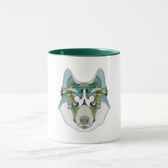 Wolf husky embellished green blue mug (Center)