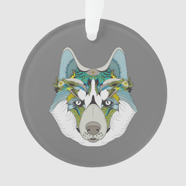 Wolf husky embellished green blue ornament (Front)