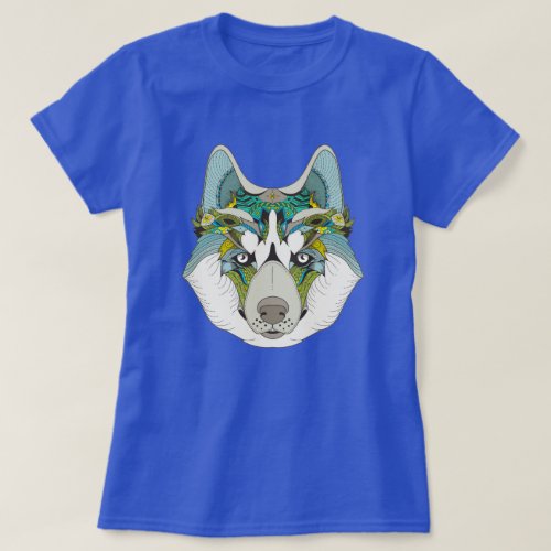 Wolf husky embellished green blue T_Shirt