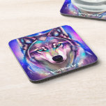 Wolf illustration neon highlights and custom text beverage coaster
