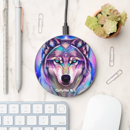 Wolf illustration neon highlights and custom text wireless charger 