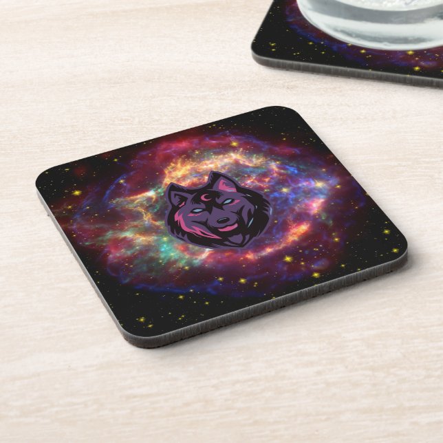 Wolf Illustration, Purple Cosmic Graphic Art Beverage Coaster (Left Side)