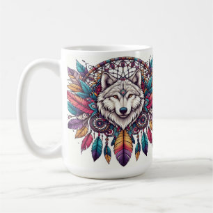 Wolf Illustration with Dreamcatcher Bohemian Style Coffee Mug