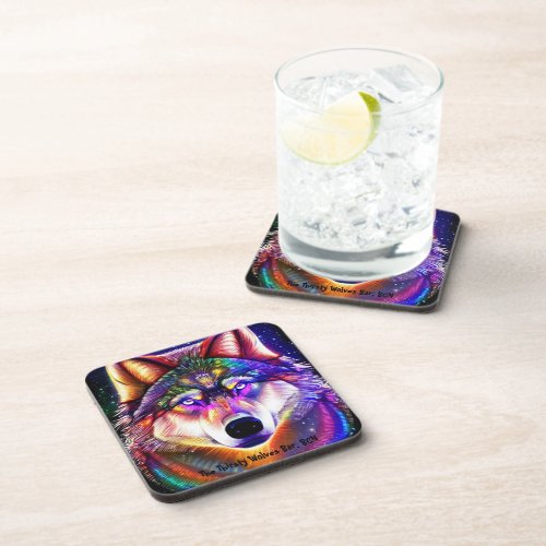 Wolf illustration with neon highlights custom text beverage coaster