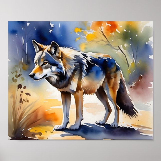 Wolf in a forest watercolor painting poster (Front)