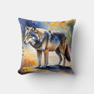 Wolf in a forest watercolor painting throw pillow