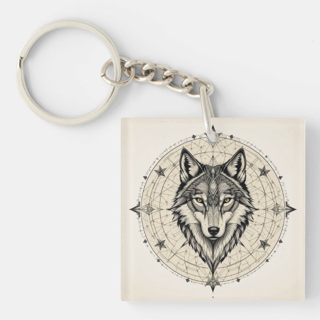 Wolf in a Geometric and Decorative Mandala Keychain (Front)