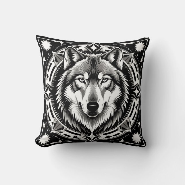 Wolf in a Geometric and Decorative Mandala Throw Pillow (Front)