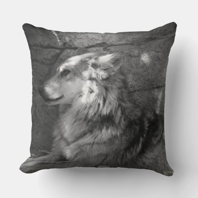 Wolf in Black and White Throw Pillow (Front)