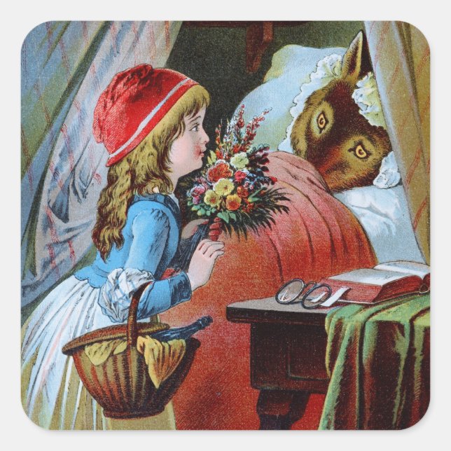 Wolf in Grandma Bed Square Sticker (Front)