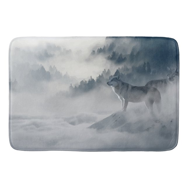 Wolf in misty Mountains in Black, Gray and white. Bathroom Mat (Front)