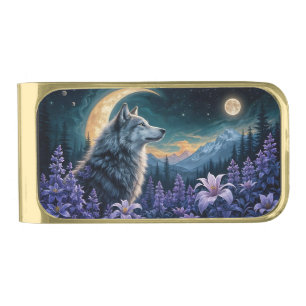 Wolf in Moonlight- purple flowers reflection Gold Finish Money Clip