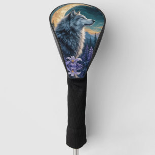 Wolf in Moonlight- purple flowers reflection Golf Head Cover