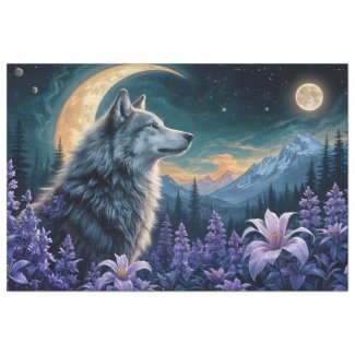 Wolf in Moonlight- purple flowers reflection