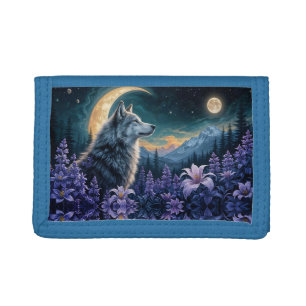 Wolf in Moonlight- purple flowers reflection Tri-fold Wallet