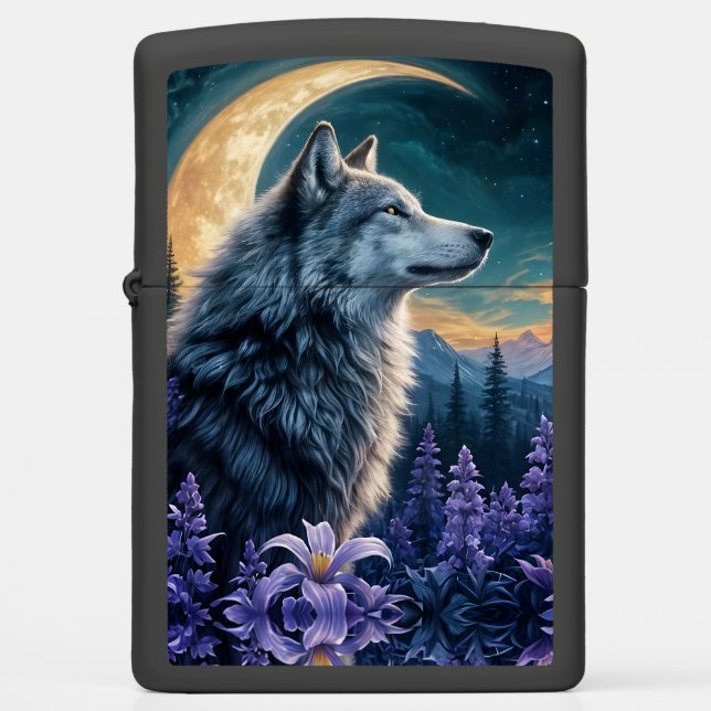 Wolf in Moonlight- purple flowers reflection Zippo Lighter (Front)