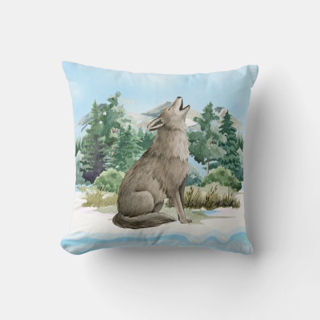 Wolf in Mountain Scene Throw Pillow (Front)