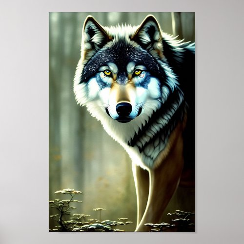 wolf in nature ready to hunt oil painting poster