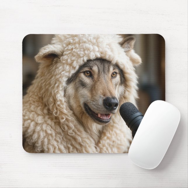 Wolf In Sheep Clothing Doing a Podcast Mouse Pad (With Mouse)