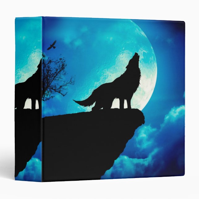Wolf in silhouette howling to the full moon 3 ring binder (Front/Spine)