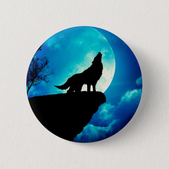 Wolf in silhouette howling to the full moon button (Front)