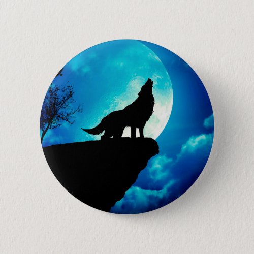 Wolf in silhouette howling to the full moon button